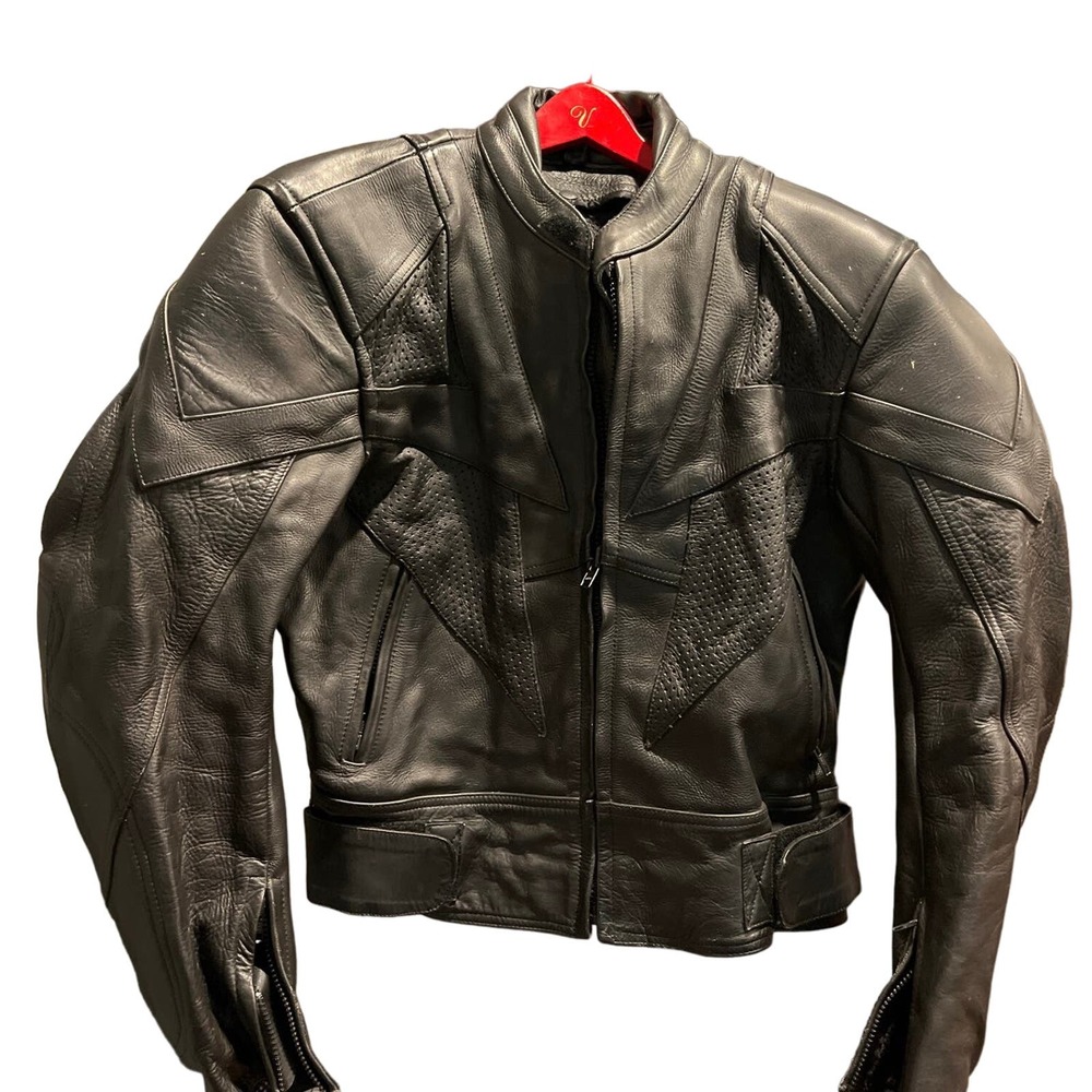 RIVER ROAD black leather MOTO JACKET men’s BIKER 42 zip hook loop straps VINTAGE